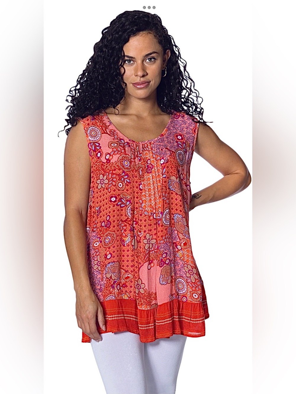 Papa Vancouver Pleated Gauze Tank Top with Ruffle Hem-Coral Floral/Paisley Print